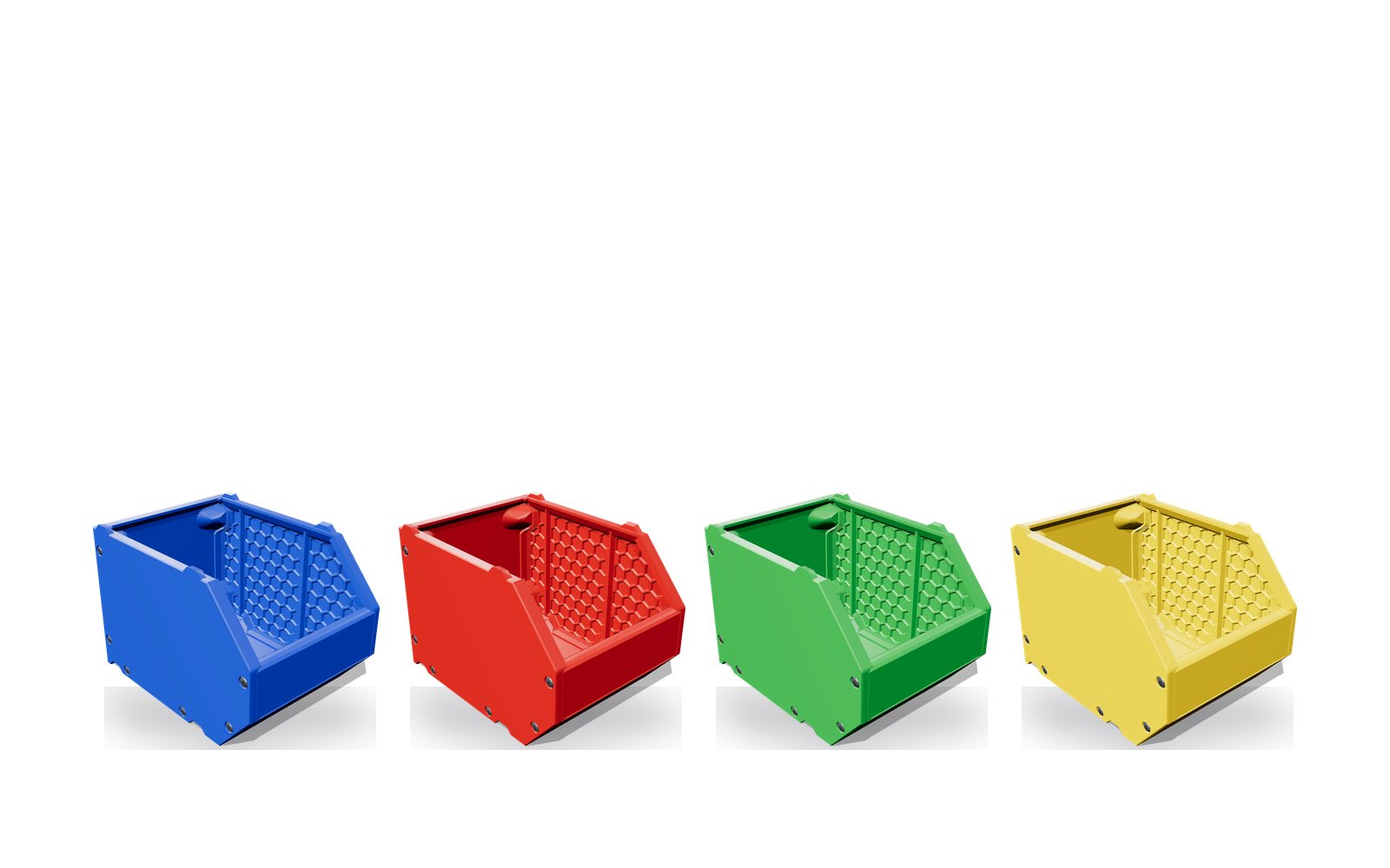 Quatre bacs à bec sur mesure en PETG bleu, rouge, vert et jaune alignés sur un établi